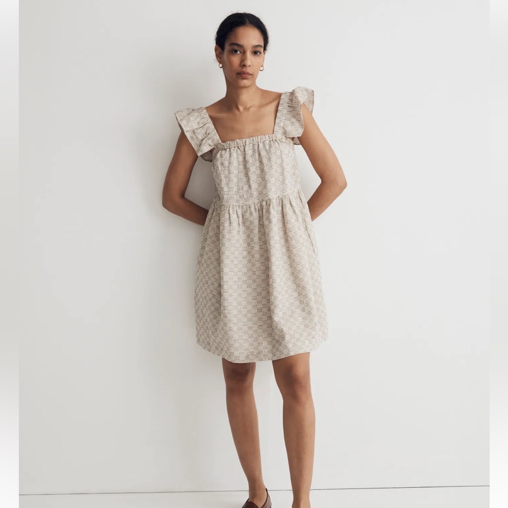 Madewell flutter-sleeve square-neck mini dress in striped jacquard. Size S.